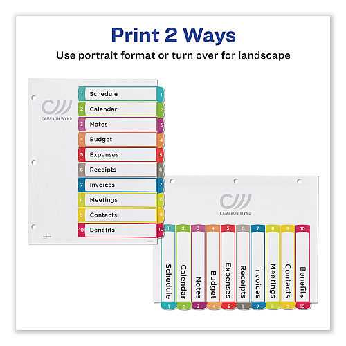 Avery Customizable TOC Ready Index Multicolor Tab Dividers, 10-Tab, 1 to 10, 11 x 8.5, White, Contemporary Color Tabs, 1 Set (11842)