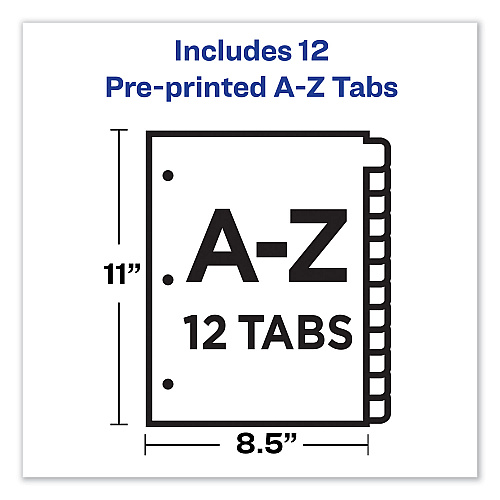Avery Durable Preprinted Plastic Tab Dividers, 12-Tab, A to Z, 11 x 8.5, Assorted, 1 Set (11330)