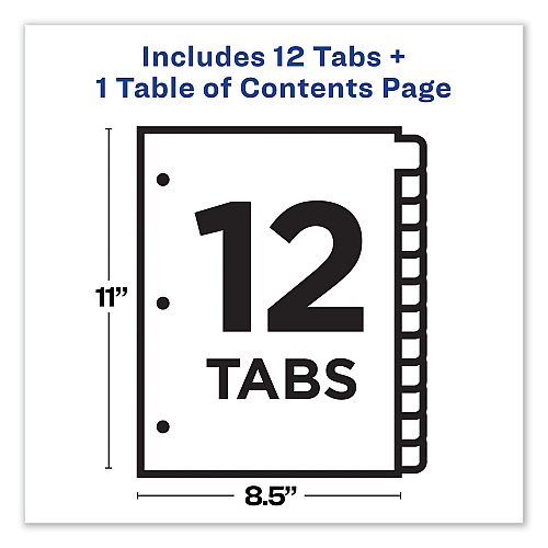 Avery Customizable TOC Ready Index Multicolor Tab Dividers, 12-Tab, 1 to 12, 11 x 8.5, White, Traditional Color Tabs, 1 Set (11141)