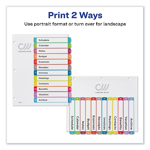 Avery Customizable TOC Ready Index Multicolor Tab Dividers, 12-Tab, 1 to 12, 11 x 8.5, White, Contemporary Color Tabs, 1 Set (11843)