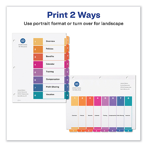 Avery Customizable TOC Ready Index Multicolor Tab Dividers, Uncollated, 8-Tab, 1 to 8, 11 x 8.5, White, 24 Sets (11168)