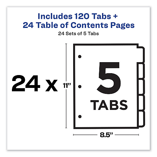 Avery Customizable TOC Ready Index Multicolor Tab Dividers, Uncollated, 5-Tab, 1 to 5, 11 x 8.5, White, 24 Sets (11167)