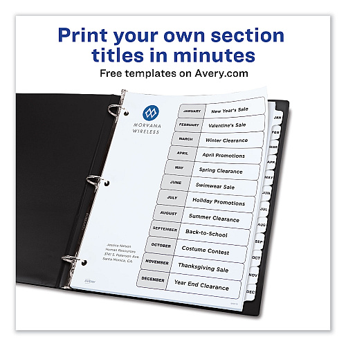 Avery Customizable TOC Ready Index Black and White Dividers, 12-Tab, Jan. to Dec., 11 x 8.5, 1 Set (11126)