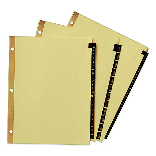 Avery Preprinted Black Leather Tab Dividers w/Gold Reinforced Edge, 25-Tab, A to Z, 11 x 8.5, Buff, 1 Set (11350)