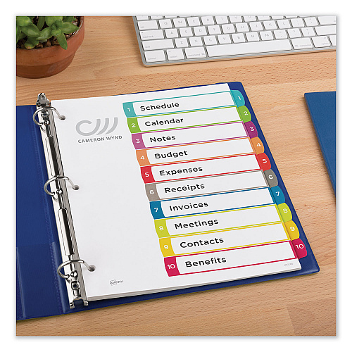Avery Customizable TOC Ready Index Multicolor Tab Dividers, 10-Tab, 1 to 10, 11 x 8.5, White, Contemporary Color Tabs, 1 Set (11842)