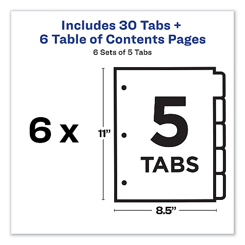 Avery Customizable TOC Ready Index Multicolor Tab Dividers, 5-Tab, 1 to 5, 11 x 8.5, White, Traditional Color Tabs, 6 Sets (11187)