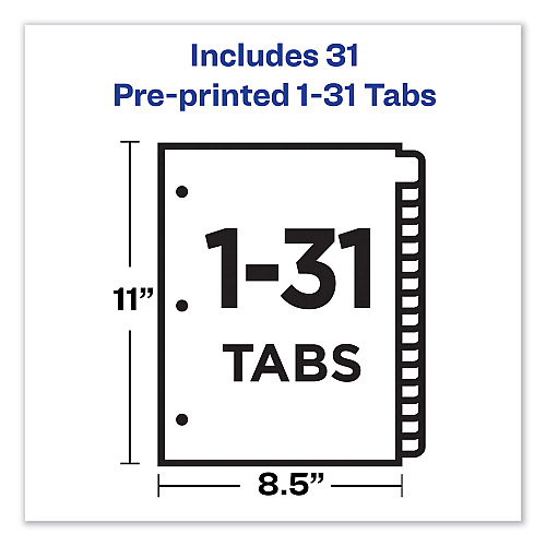 Avery Preprinted Black Leather Tab Dividers w/Gold Reinforced Edge, 31-Tab, 1 to 31, 11 x 8.5, Buff, 1 Set (11352)