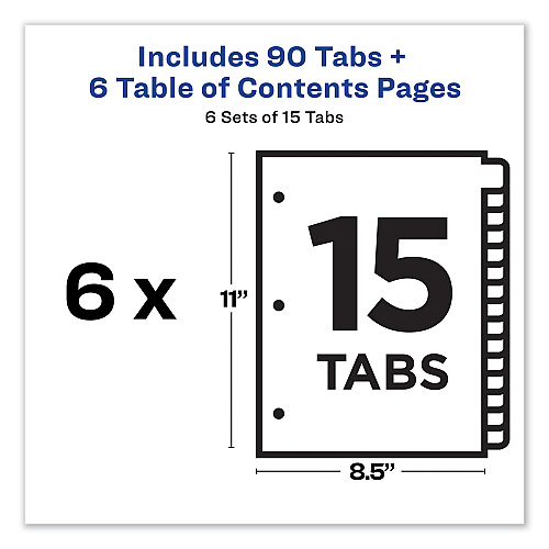 Avery Customizable TOC Ready Index Multicolor Tab Dividers, 15-Tab, 1 to 15, 11 x 8.5, White, Traditional Color Tabs, 6 Sets (11197)