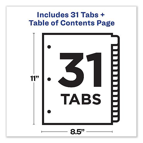 Avery Customizable TOC Ready Index Black and White Dividers, 31-Tab, 1 to 31, 11 x 8.5, 1 Set (11128)