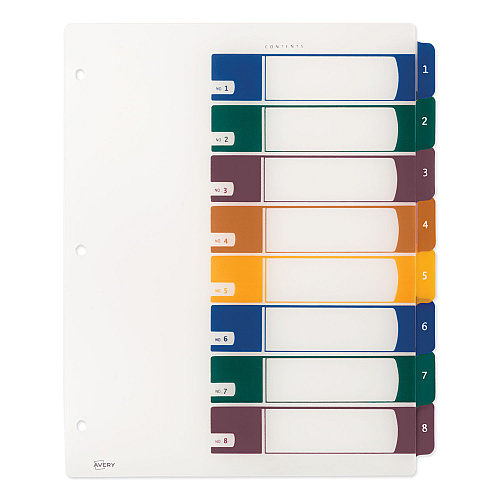Avery Customizable Table of Contents Ready Index Dividers with Multicolor Tabs, 8-Tab, 1 to 8, 11 x 8.5, Translucent, 1 Set (11817)