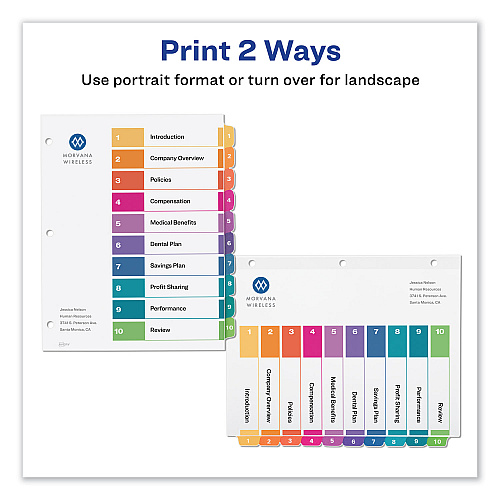 Avery Customizable Table of Contents Ready Index Dividers with Multicolor Tabs, 10-Tab, 1 to 10, 11 x 8.5, White, 3 Sets (11082)
