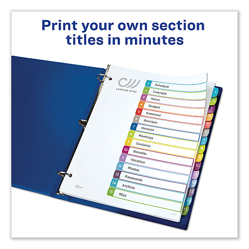 Avery Customizable TOC Ready Index Multicolor Tab Dividers, 15-Tab, 1 to 15, 11 x 8.5, White, Contemporary Color Tabs, 1 Set (11845)