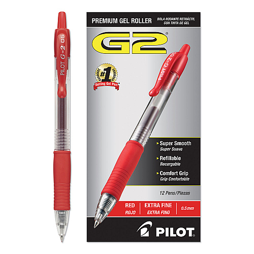 Pilot G2 Premium Gel Pen, Retractable, Extra-Fine 0.5 mm, Red Ink, Smoke/Red Barrel, Dozen (31004)