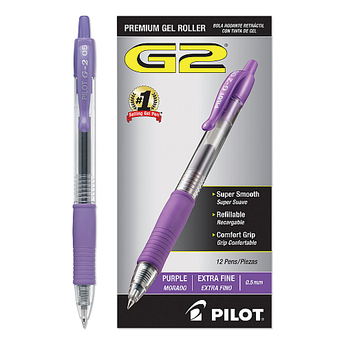 Pilot G2 Premium Gel Pen, Retractable, Extra-Fine 0.5 mm, Purple Ink, Smoke/Purple Barrel, Dozen (31006)