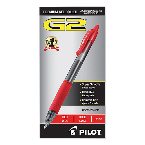 Pilot G2 Premium Gel Pen, Retractable, Bold 1 mm, Red Ink, Smoke/Red Barrel, Dozen (31258)