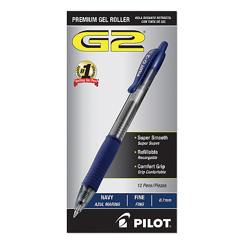 Pilot G2 Premium Gel Pen, Retractable, Fine 0.7 mm, Navy Blue Ink, Smoke/Blue Barrel, Dozen (31187)