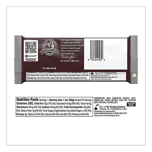 Hershey's Chocolate Bars, Milk Chocolate, 55.8 oz, 36/Box (24000BX)