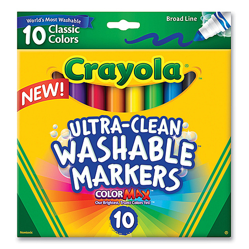 Crayola Ultra-Clean Washable Markers, Broad Bullet Tip, Assorted Colors, 10/Pack (587851)