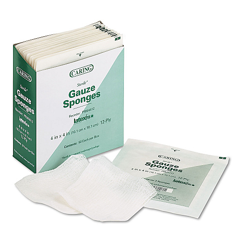 Medline Caring Woven Gauze Sponges, Sterile, 12-Ply, 4 x 4, 1,200/Carton (PRM4412)
