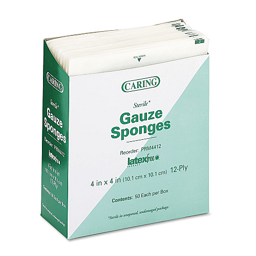 Medline Caring Woven Gauze Sponges, Sterile, 12-Ply, 4 x 4, 1,200/Carton (PRM4412)