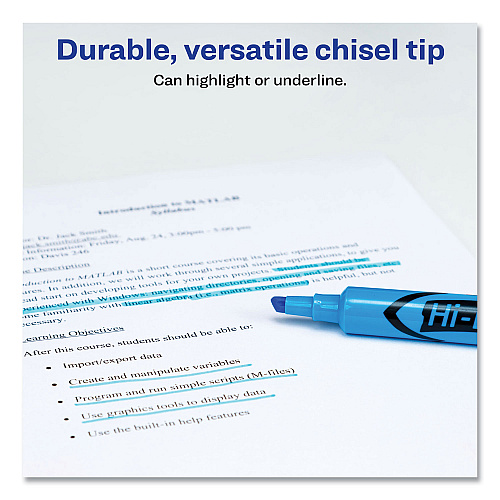 Avery HI-LITER Desk-Style Highlighters, Light Blue Ink, Chisel Tip, Light Blue/Black Barrel, Dozen (07746)