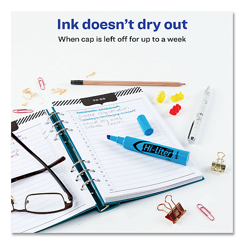 Avery HI-LITER Desk-Style Highlighters, Fluorescent Blue Ink, Chisel Tip, Blue/Black Barrel, Dozen (24016)