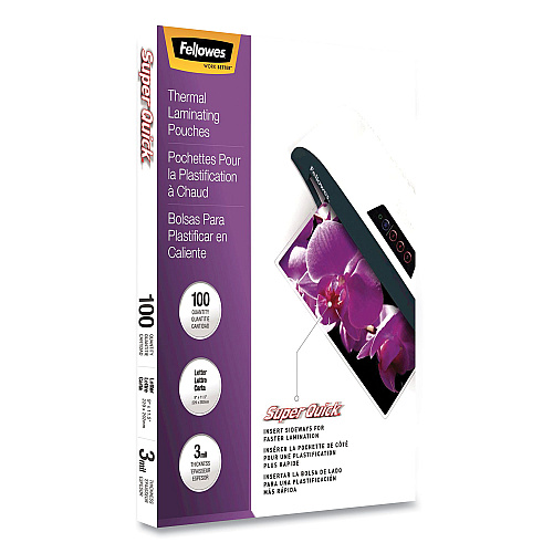 Fellowes SuperQuick Thermal Laminating Pouches, 3 mil, 9" x 11.5", Gloss Clear, 100/Pack (5245801)