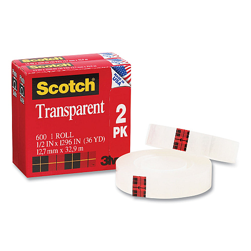Scotch Transparent Tape, 1" Core, 0.5" x 36 yds, Crystal Clear, 2/Pack (600H2)