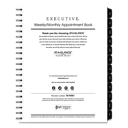 AT-A-GLANCE Executive Weekly/Monthly Planner Refill with 15-Minute Appointments, 11 x 8.25, White Sheets, 12-Month (Jan to Dec): 2026 (7091110)