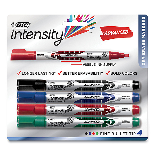 BIC Intensity Advanced Dry Erase Marker, Medium Bullet Tip, Assorted Colors, 4/Pack (GELIPP41AST)