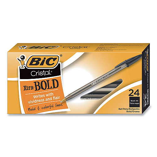 BIC Cristal Xtra Bold Ballpoint Pen, Stick, Bold 1.6 mm, Black Ink, Clear Barrel, 24/Pack (MSBP241BLK)