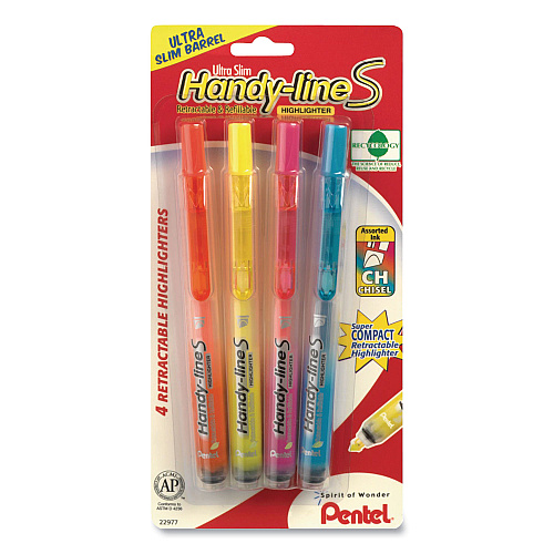 Pentel Ultra-Slim Handy-line S Retractable/Refillable Highlighters, Assorted Ink Colors, Chisel Tip, Assorted Barrel Colors, 4/PK (SXS15BPS4M)