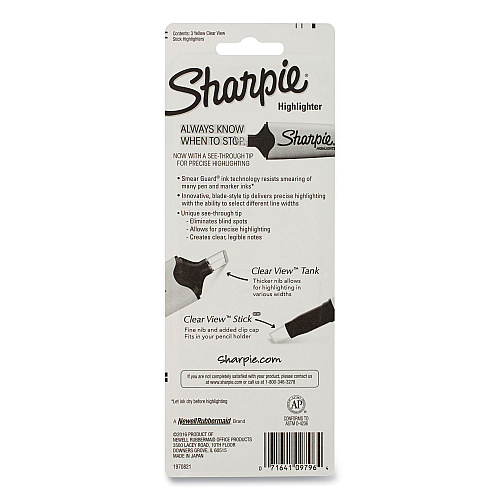 Sharpie Clearview Pen-Style Highlighter, Fluorescent Yellow Ink, Chisel Tip, Yellow/Black/Clear Barrel, 3/Pack (1950745)