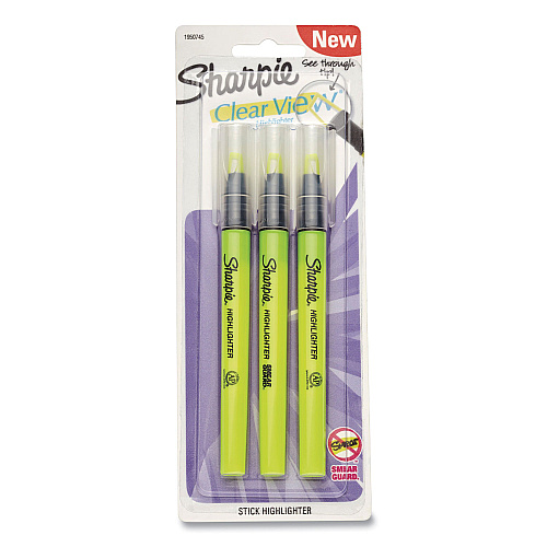 Sharpie Clearview Pen-Style Highlighter, Fluorescent Yellow Ink, Chisel Tip, Yellow/Black/Clear Barrel, 3/Pack (1950745)