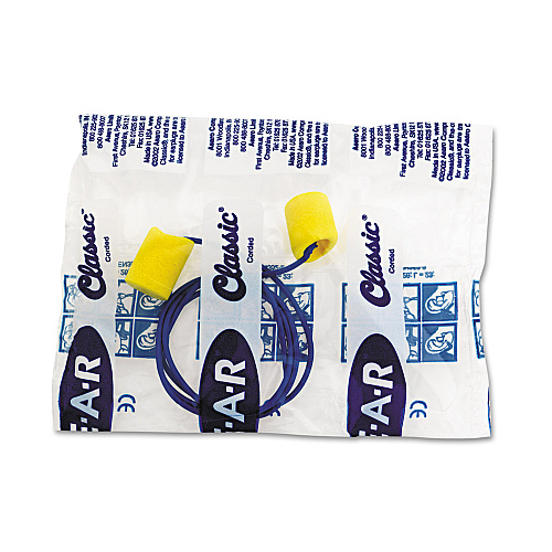 3M E-A-R Classic Earplugs, Corded, PVC Foam, Yellow, 200 Pairs/Box (3111101)