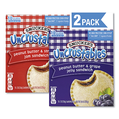 Smucker's UNCRUSTABLES Soft Bread Sandwiches, Grape/Strawberry, 2 oz, 10 Sandwiches/Pack, 2 Packs/Box (90300134)