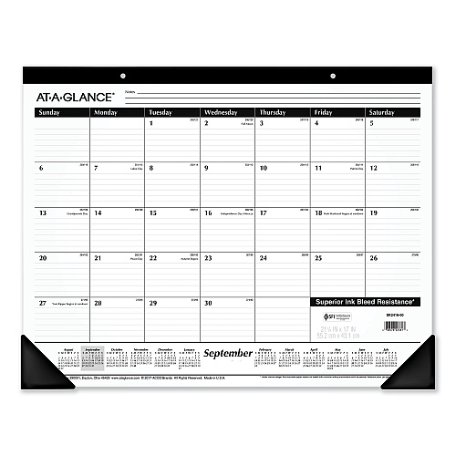 AT-A-GLANCE Academic Year Ruled Desk Pad, 21.75 x 17, White Sheets, Black Binding, Black Corners, 16-Month: Sept 2025 to Dec 2026 (SK241600)