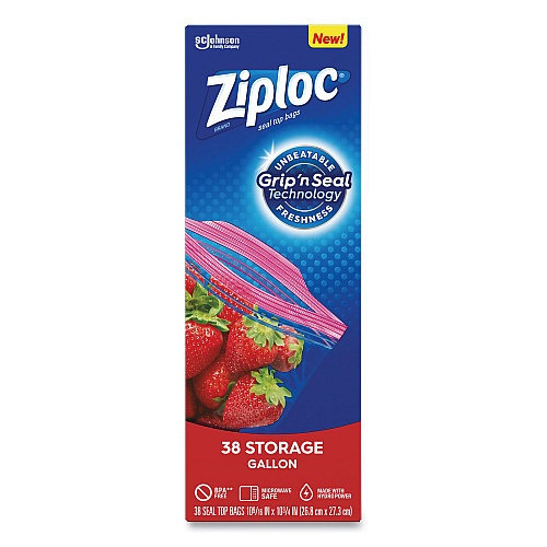 Ziploc Double Zipper Storage Bags, Triple System Seal, Gallon, 10.56" x 10.75", Clear, 38 Bags/Box, 9 Boxes/Carton (314470)