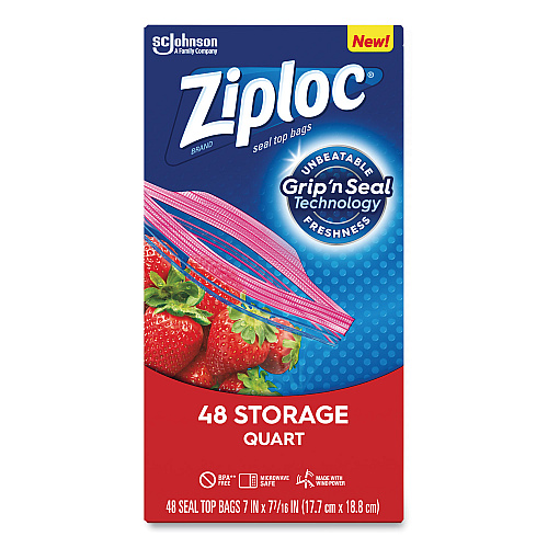 Ziploc Double Zipper Storage Bags, Triple System Seal, Quart, 9.63" x 8.5", Clear, 48/Box (314469BX)