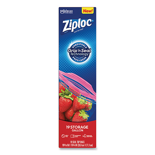 Ziploc Double Zipper Storage Bags, Triple System Seal, Gallon, 9.6" x 12.1", Clear, 19 Bags/Box, 12 Boxes/Carton (314467)