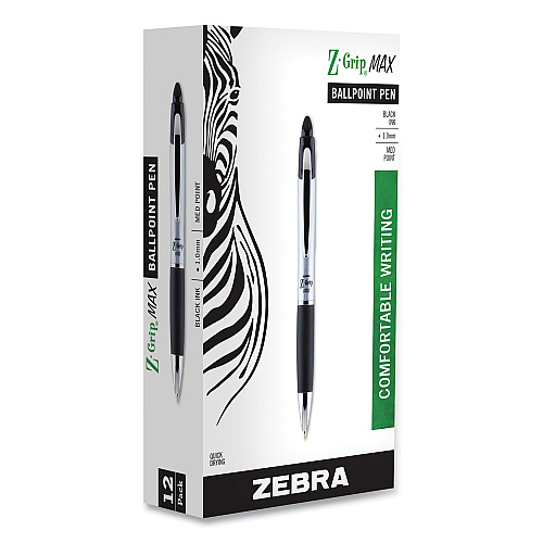 Zebra Z-Grip MAX Ballpoint Pen, Retractable, Medium 1 mm, Black Ink, Silver/Black Barrel, 12/Pack (22410)