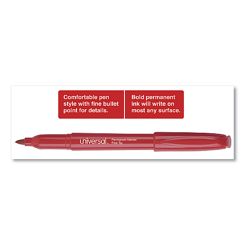 Universal Pen-Style Permanent Marker, Fine Bullet Tip, Red, Dozen (UNV07072)