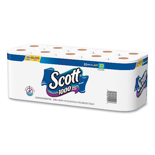 Scott 1000 Bathroom Tissue, Septic Safe, 1-Ply, White, 1,000 Sheet/Roll, 20/Pack (20032)