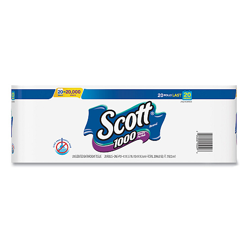 Scott Standard Roll Bathroom Tissue, Septic Safe, 1-Ply, White, 1,000 Sheets/Roll, 20/Pack, 2 Packs/Carton (20032CT)