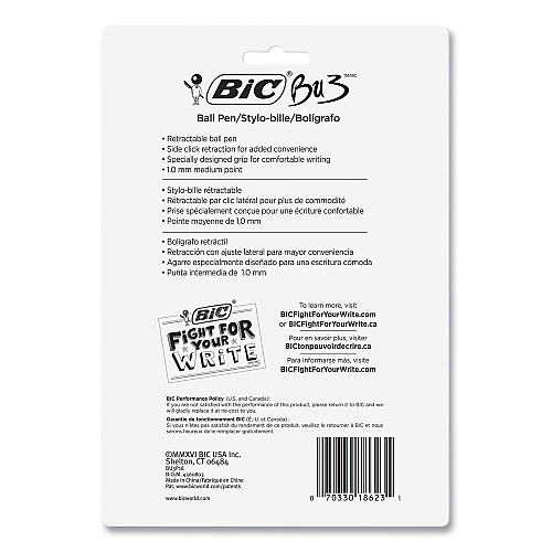 BIC BU3 Ballpoint Pen, Retractable, Medium 1 mm, Black Ink, Smoke/Black Barrel, 18/Pack (BU3P18BLK)