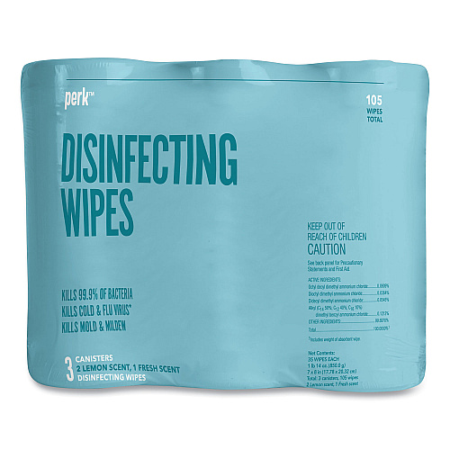 Perk Disinfecting Wipes, 7 x 8, Fresh/Lemon, White, 35 Wipes/Canister, 3 Canisters/Pack (24411132)