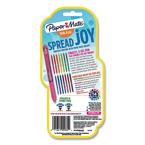 Paper Mate InkJoy Gel Pen, Retractable, Medium 0.7 mm, Black Ink, Black/Smoke Barrel, 3/Pack (1951637)