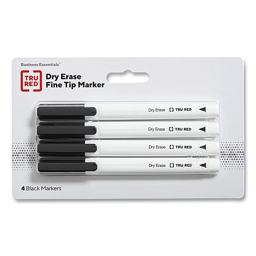 TRU RED Dry Erase Marker, Pen-Style, Fine Bullet Tip, Black, 4/Pack (24376609)