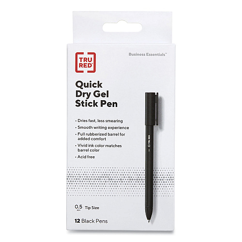 TRU RED Quick Dry Gel Pen, Stick, Fine 0.5 mm, Black Ink, Black Barrel, Dozen (24377030)