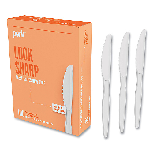 Perk Heavyweight Plastic Cutlery, Knives, White, 100/Pack (24390996)